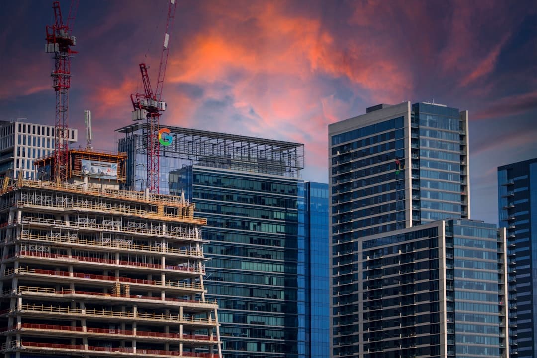 Austin skyline with cranes and new construction at sunset
